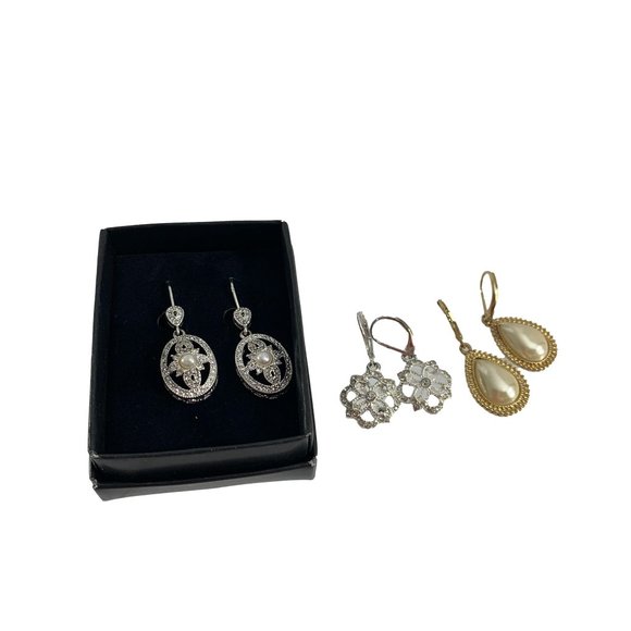 Lot of 3 Dangle Earrings Gold Tone Silver Tone Rhinestones Bling Faux Pearl - Picture 1 of 5